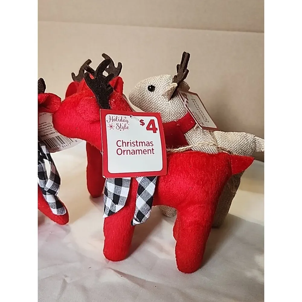 4 Home Style Christmas Reindeer Ornaments Felt Red Burlap Plush 6